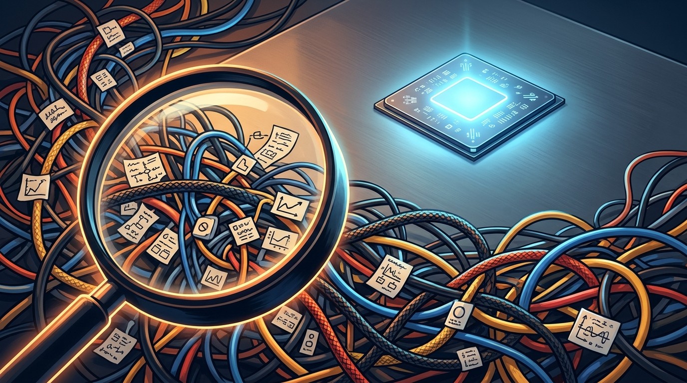 Tu benchmark miente: Errores en Benchmarks IA explicados - A magnifying glass inspecting a tangled knot of computer wires labeled 'Benchmark Harness',