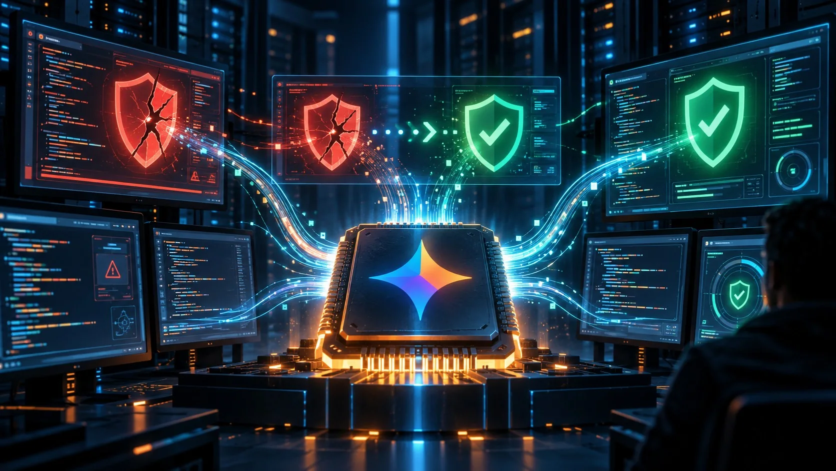 Gemini 4 Argon: el modelo de Google que repara fallas solo - A glowing AI chip labeled Gemini 4 Argon scanning lines of code on multiple monitors, wit