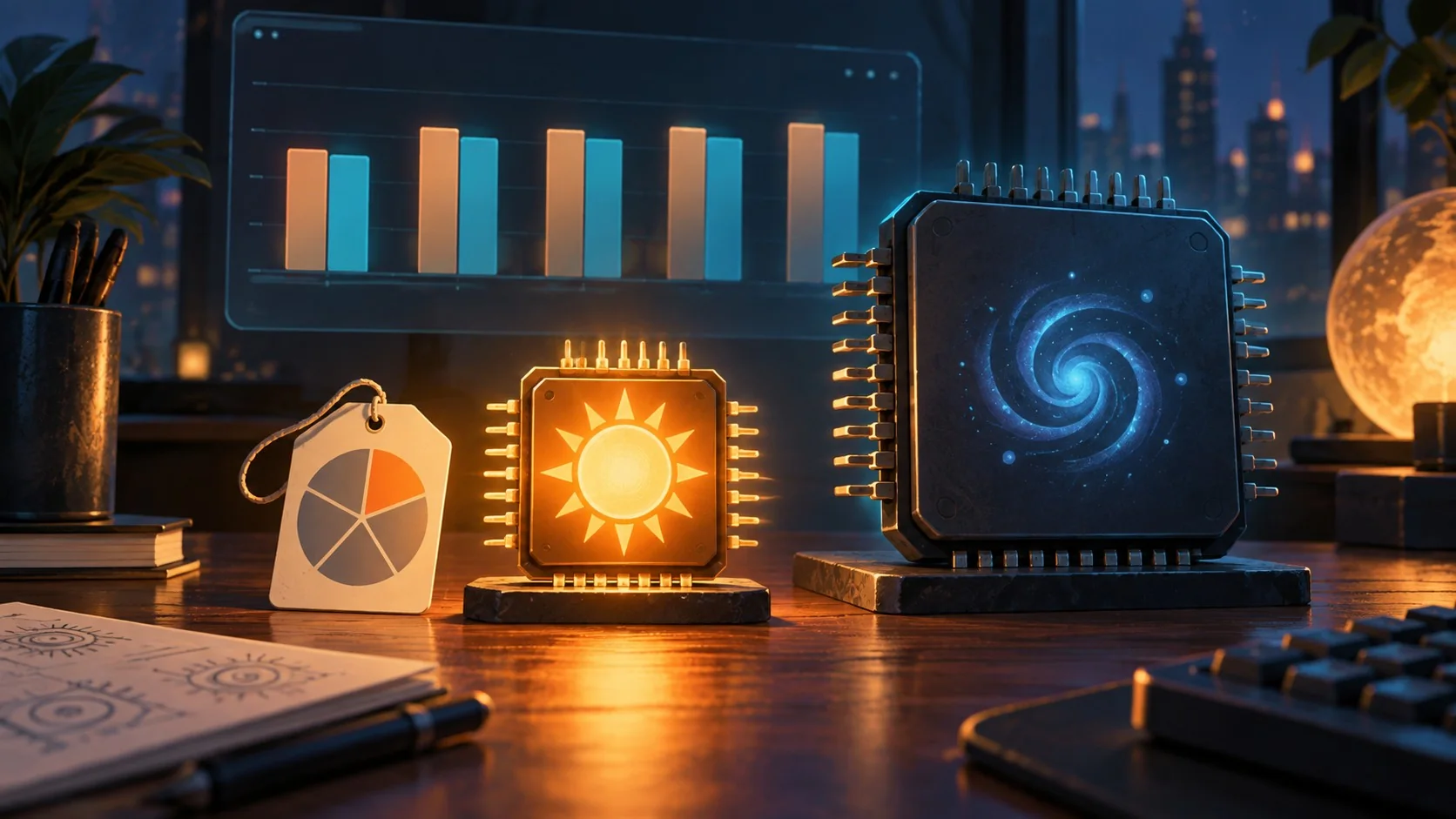 GPT-6.1 Sol: el modelo de OpenAI que casi iguala a Astra - A bright sun-shaped AI chip icon labeled GPT-6.1 Sol sitting on a price tag showing a fract