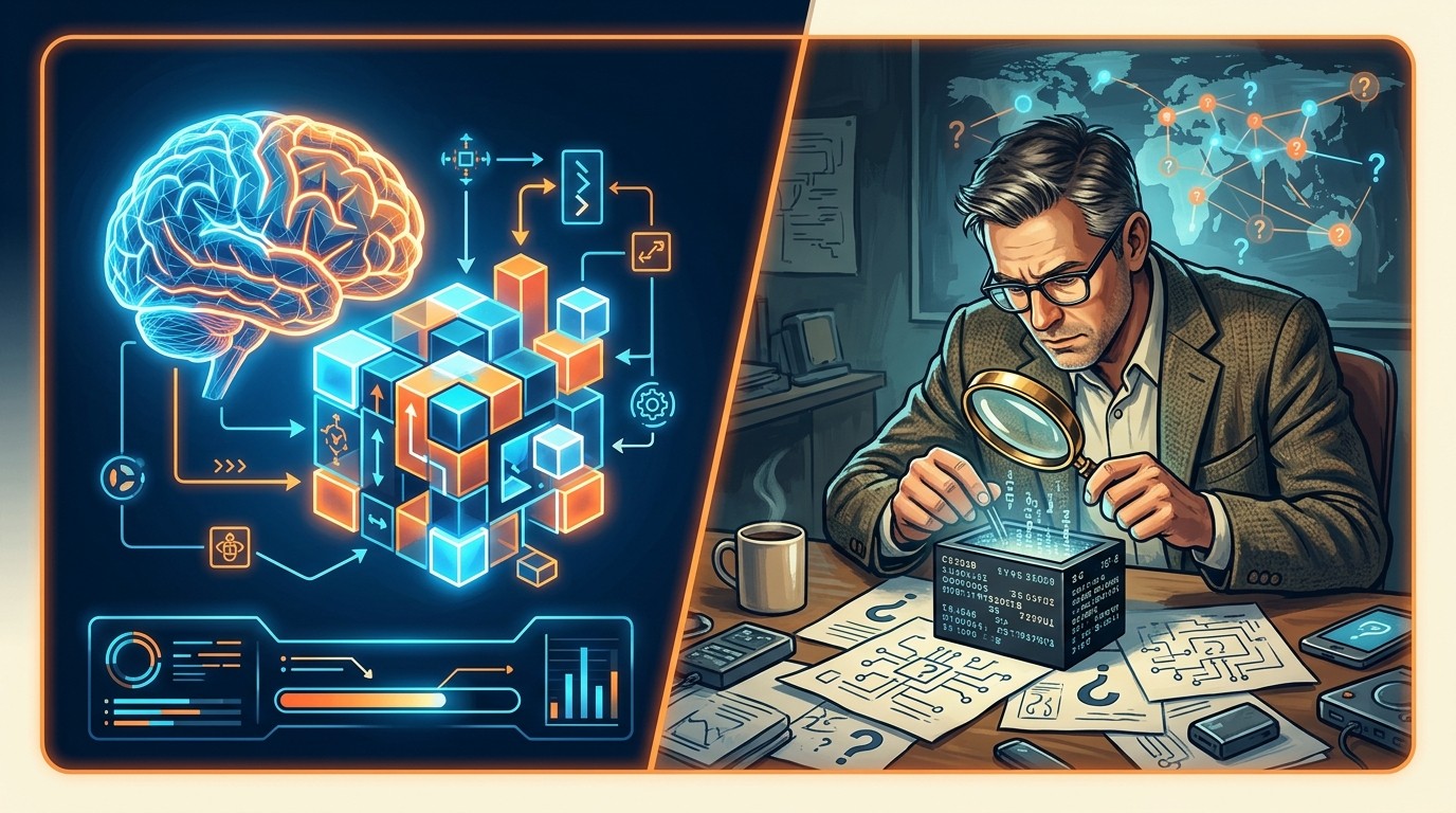 GPT-6 Astra: ¿Avance real o hype? - A split screen showing a complex geometric puzzle from ARC-AGI solved by a glowing digital wireframe brain on one