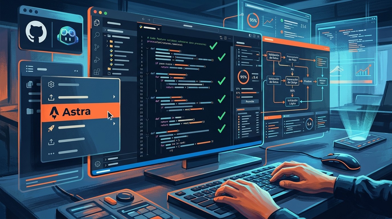 GPT-6 Astra llega a GitHub Copilot - A sleek interface of GitHub Copilot showing a dropdown menu with 'GPT-6 Astra' highlighted, next to a code editor