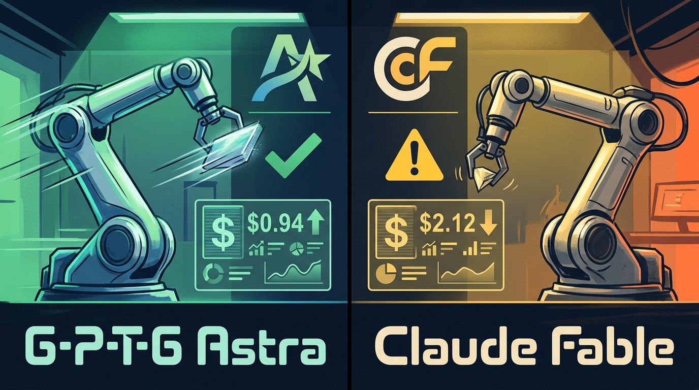 GPT-6 Astra Robots: Benchmark vs Claude 2026 - Split screen showing two robotic arms holding objects. Left side labeled 'GPT-6 Astra' with a green che