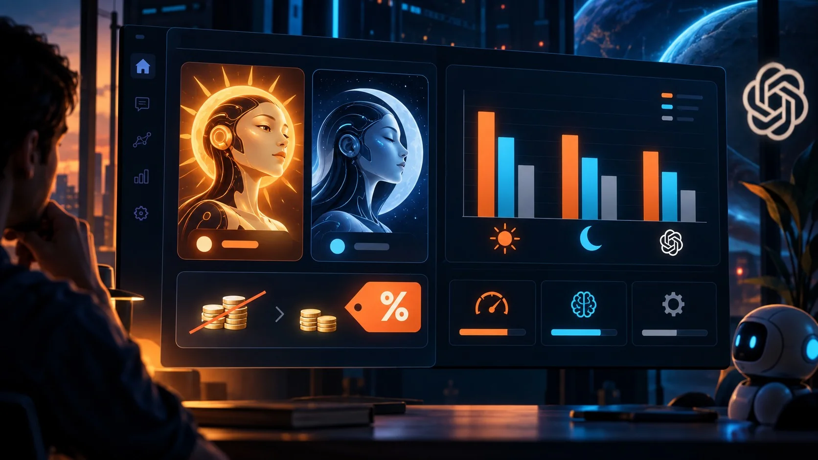 GPT-6 Sol y Luna: OpenAI baja precios 50% - A split-screen product card showing two AI model icons labeled 'Sol' and 'Luna' with a price tag showing a