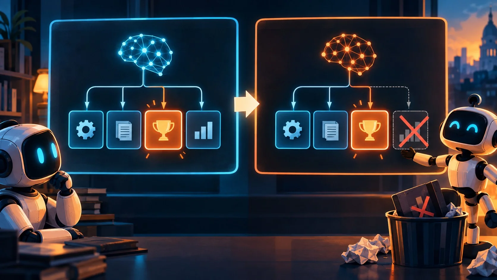 GRPO reward model: el critic se fue, no él - Two side-by-side neural network diagrams labeled PPO and GRPO, PPO showing four connected boxes (Policy,