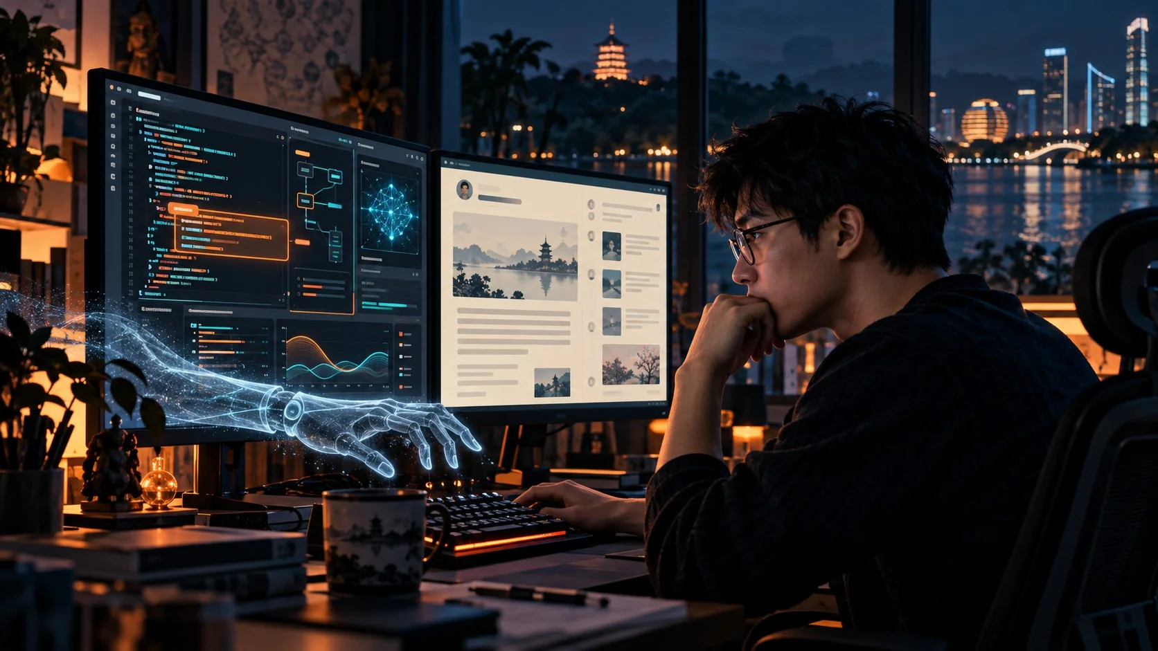 Ingeniero de DeepSeek: la IA lo va a igualar en 2026 1 Ingeniero de DeepSeek: la IA lo va a igualar en 2026 - A Chinese software engineer at a dual-monitor desk in Hangzhou, one screen showing GPU CUDA ker