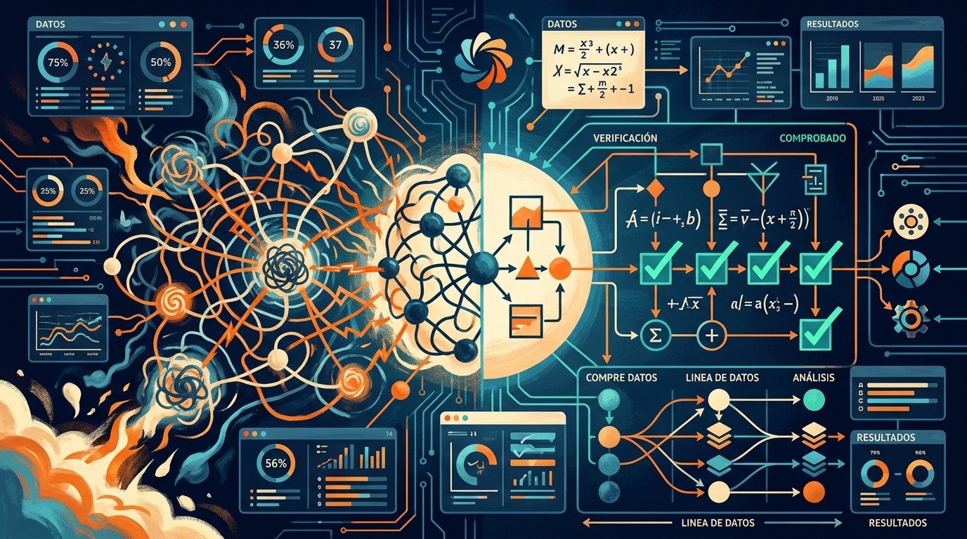 MathKernel: El fin de las alucinaciones matemáticas en IA - A split-screen digital visualization showing a chaotic neural network on the left transfor