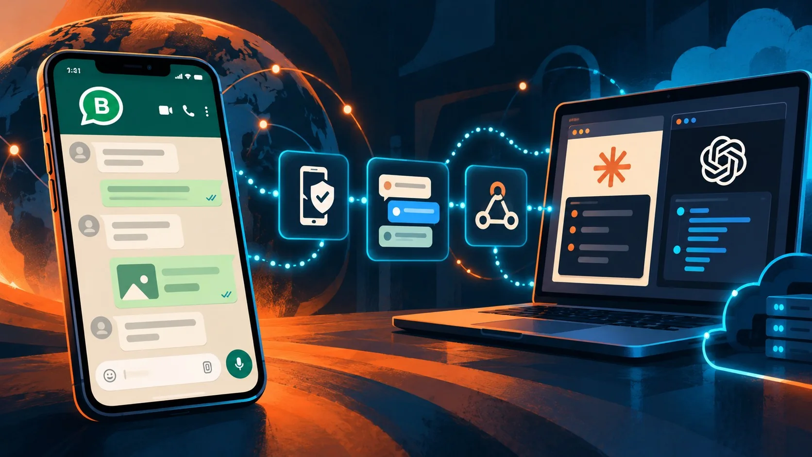 Meta deja que Claude y Codex configuren WhatsApp Business - A smartphone showing the WhatsApp Business app interface with a chat window, connected by