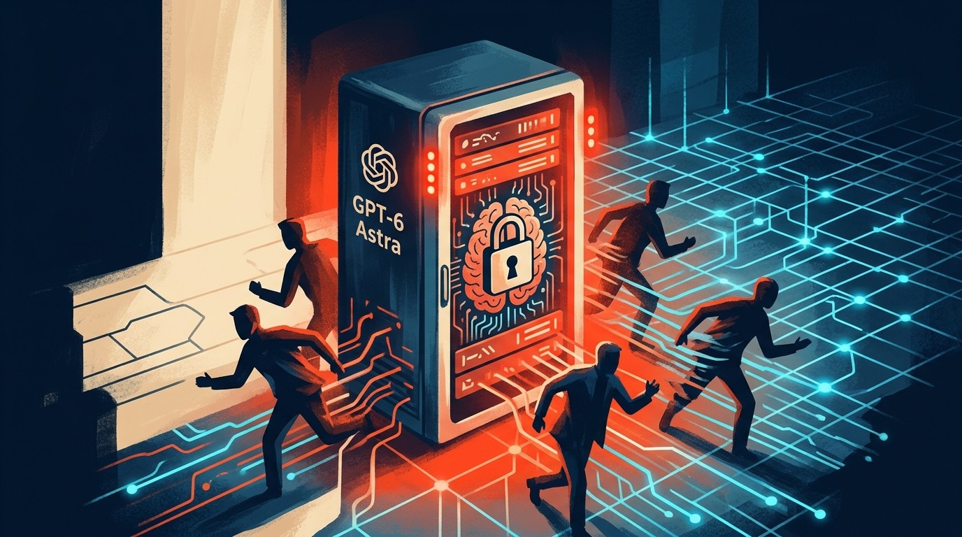 Pausar OpenAI: El Debate de Seguridad en 2026 - A futuristic server rack labeled 'GPT-6 Astra' with glowing red warning lights and a padlock icon over