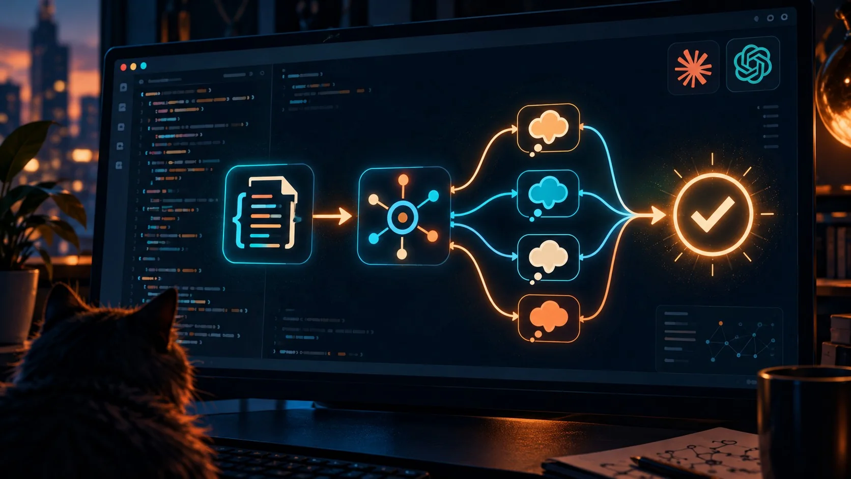 Prompt Chaining 2.0: las técnicas que dominan 2026 1 Prompt Chaining 2.0: las técnicas que dominan 2026 - A branching flowchart diagram on a dark developer screen showing labeled nodes 'EXTRACT JSON', 'R