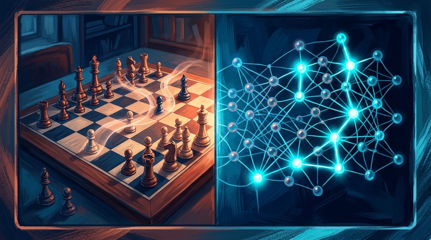 Los LLM no son solo predictores de tokens - A split-screen illustration showing a chessboard on the left labeled 'Pre-training' with pieces moving bas