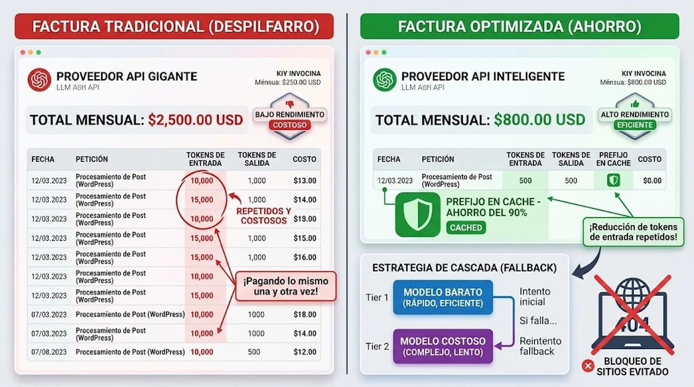 Cómo reducir costos de API de LLM en 2026 - A split-screen invoice comparison showing a bloated LLM API bill full of repeated red-highlighted tokens o