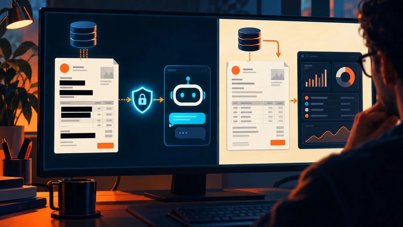 The Cleaner: cómo evitar fugas de PII en agentes de IA - A developer's screen split into two labeled panels: one showing a raw database invoice record