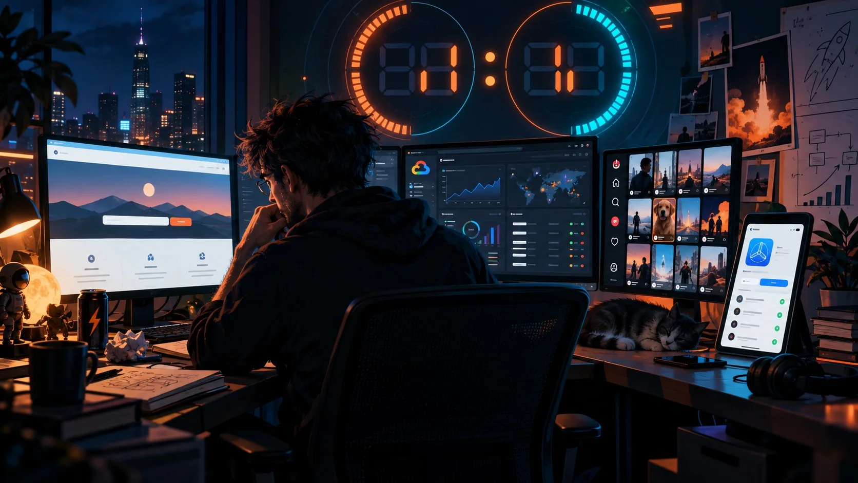 El unicornio de una persona que armó Christopher Horne - A solo founder at a desk at night with multiple monitors showing a website waitlist page, an