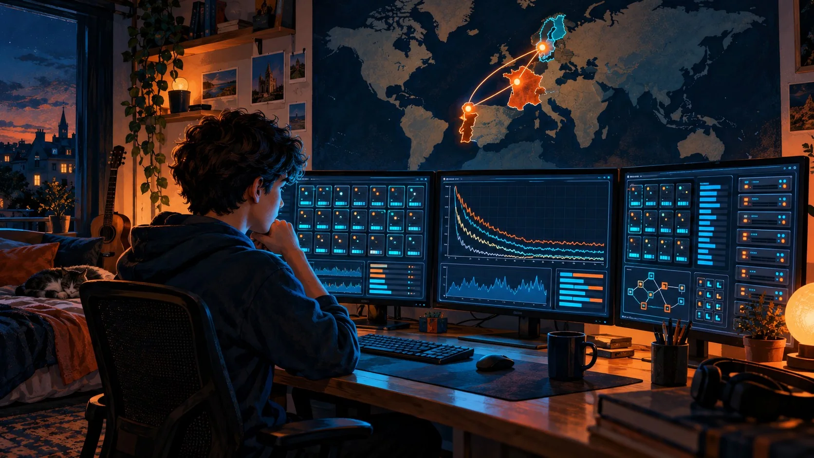 Adolescente entrenó modelo de IA de 780B parámetros - A teenager at a home desk with multiple monitors showing GPU cluster dashboards and training los
