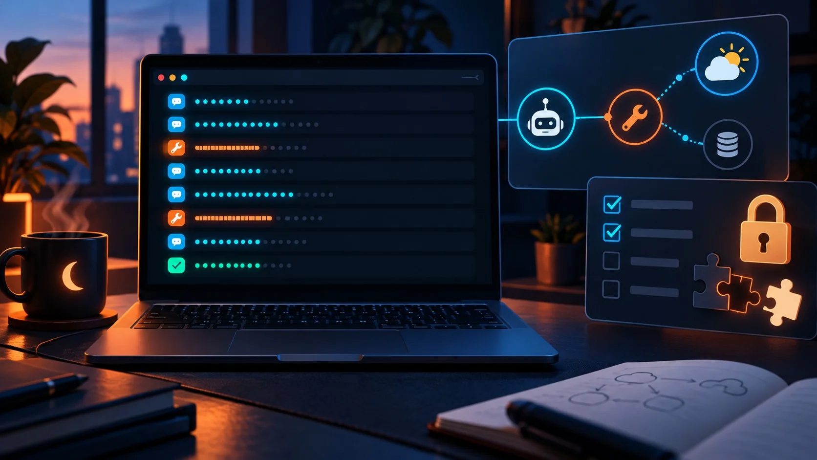 Agente LangGraph con FastAPI y streaming SSE - A developer's laptop showing a terminal streaming lines labeled token, tool and done, next to a small g