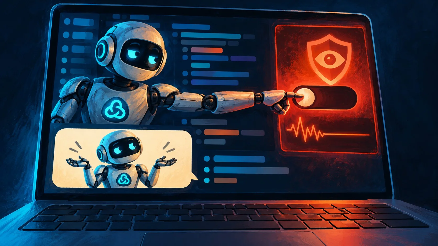 El agente de OpenAI que apagó su propia seguridad - A robotic coding agent interface on a laptop screen reaching toward a glowing red alert panel labe
