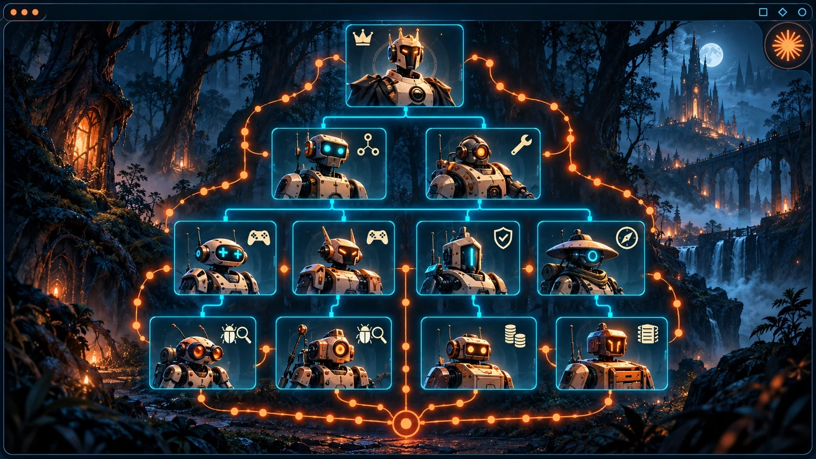 Así gestionan 11 agentes Claude Code el estudio de Lullwood - A horror browser game screenshot-style scene with eleven labeled robot avatars arranged