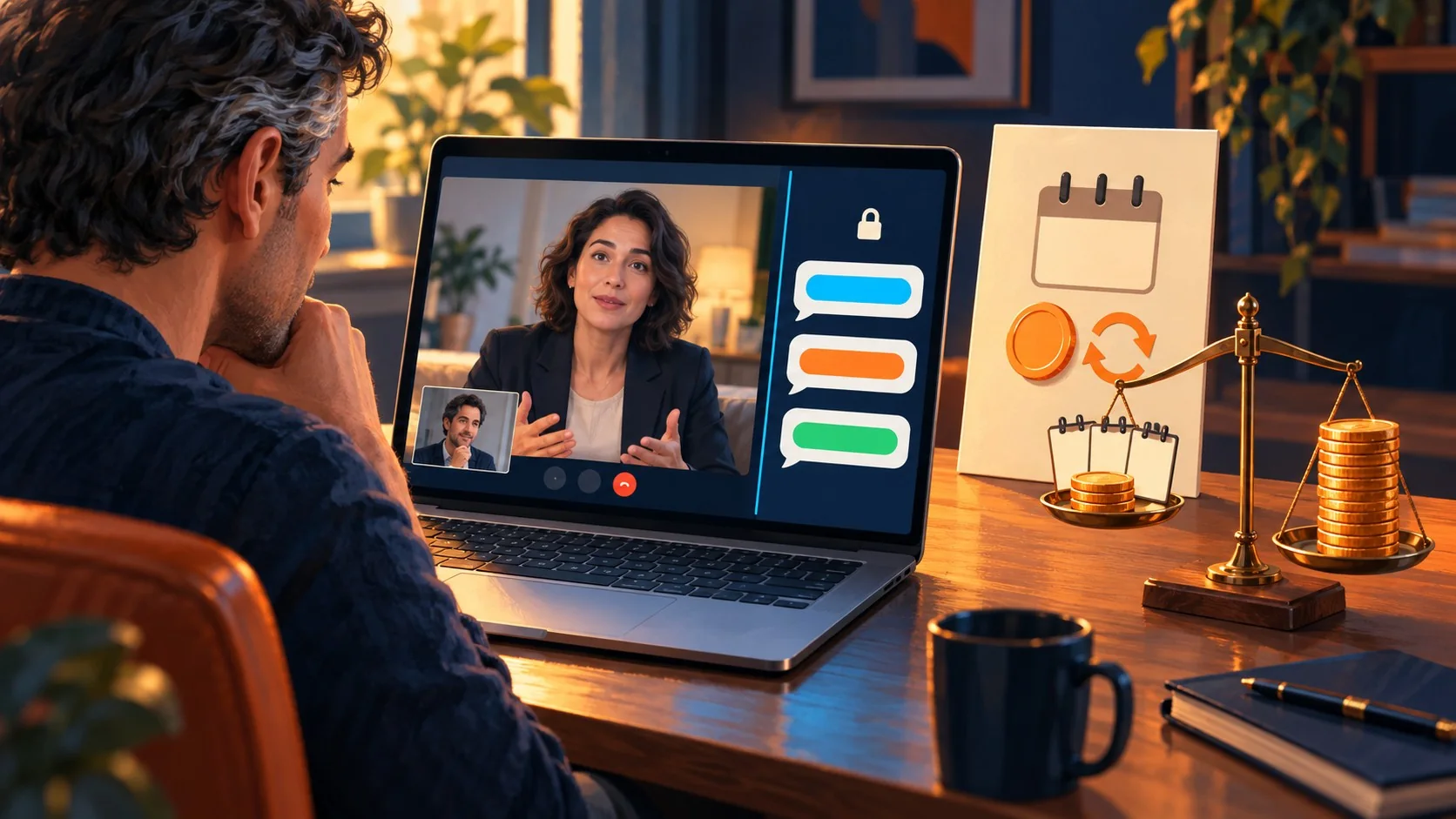 AissenceAI opiniones 2026: lo que dice su fundador - A job seeker at a laptop in a video interview with a private side window showing short suggested