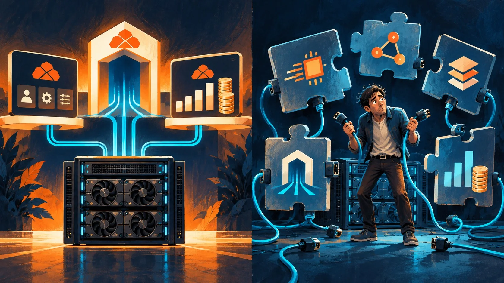Alibaba Cloud Smart Studio vs armar tu MaaS con vLLM - A split-screen diagram: on one side a simple GPU rack connected directly to a gateway icon, bil