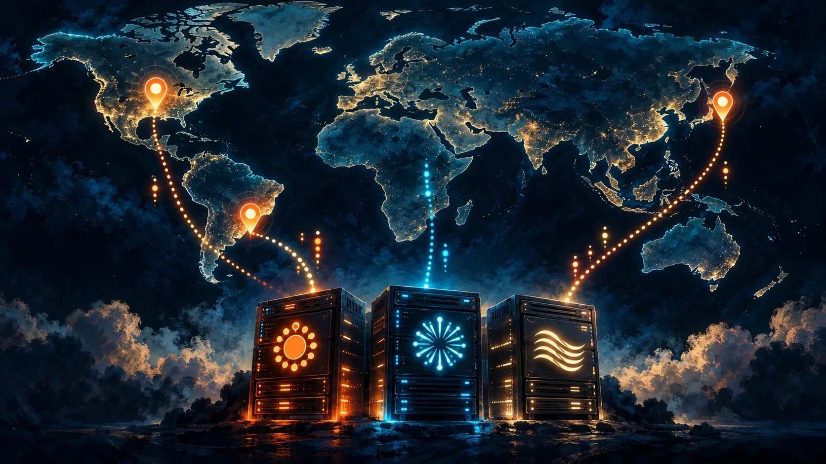 API de inferencia IA más rápida en 2026: el ranking - A world map with three glowing pins over US Central, Tokyo and São Paulo, each connected by dott