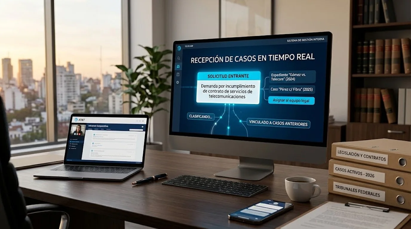 AT&T y OpenAI amplían la IA para su equipo legal - A corporate lawyer's desk with a glowing natural-language intake interface showing an incoming lega