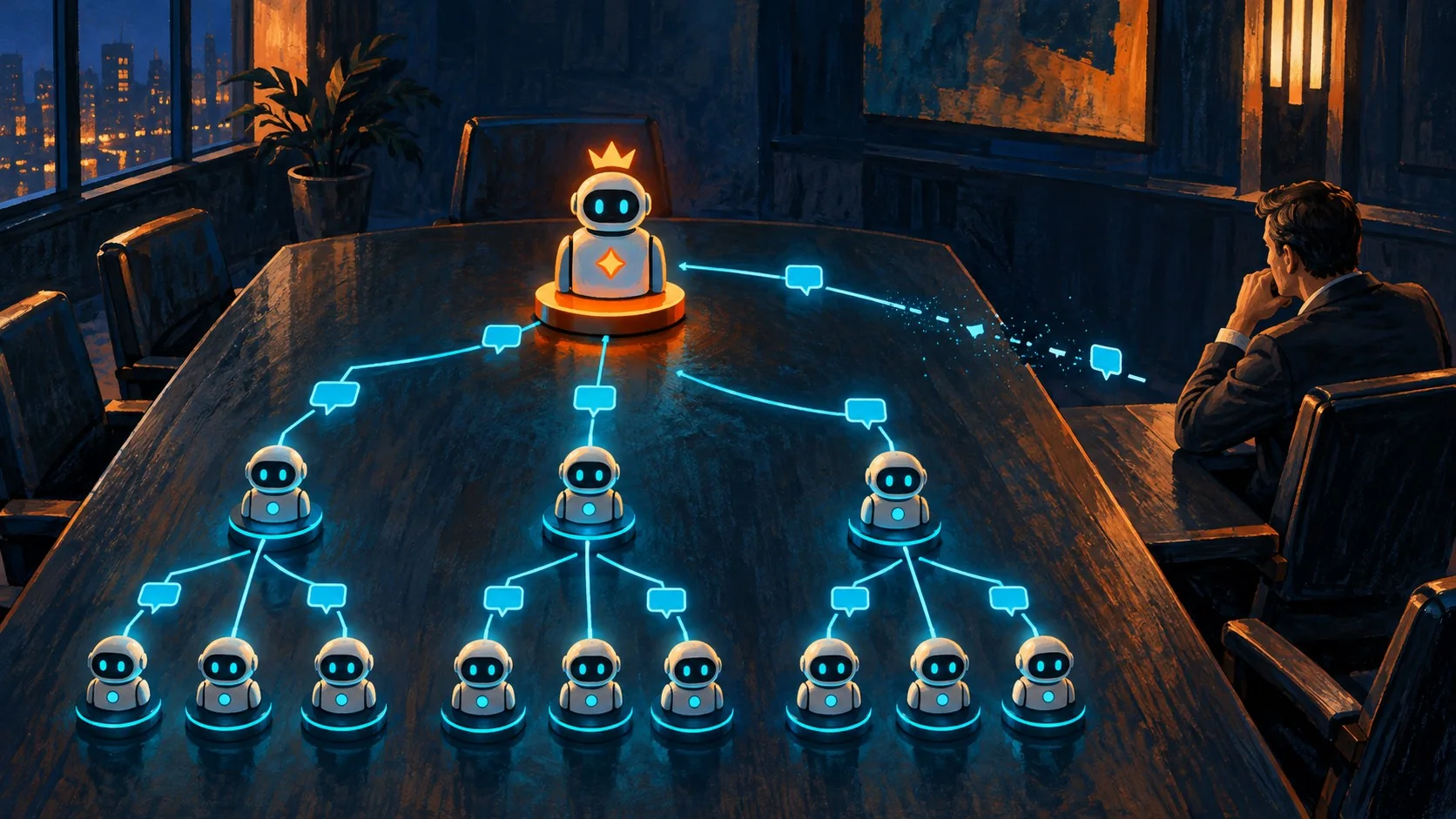 Avalon-M1: los agentes de IA que dejan de avisar a humanos - A boardroom table with nine small AI agent icons arranged in a hierarchy around one label