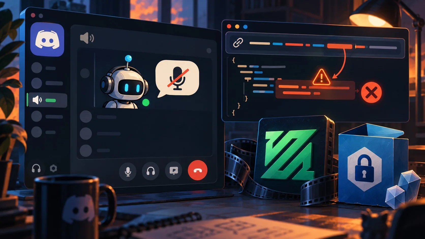 Bot de Discord con voz: por qué el tutorial no habla - A Discord voice channel window with a small robot avatar connected but silent, a speech bubble