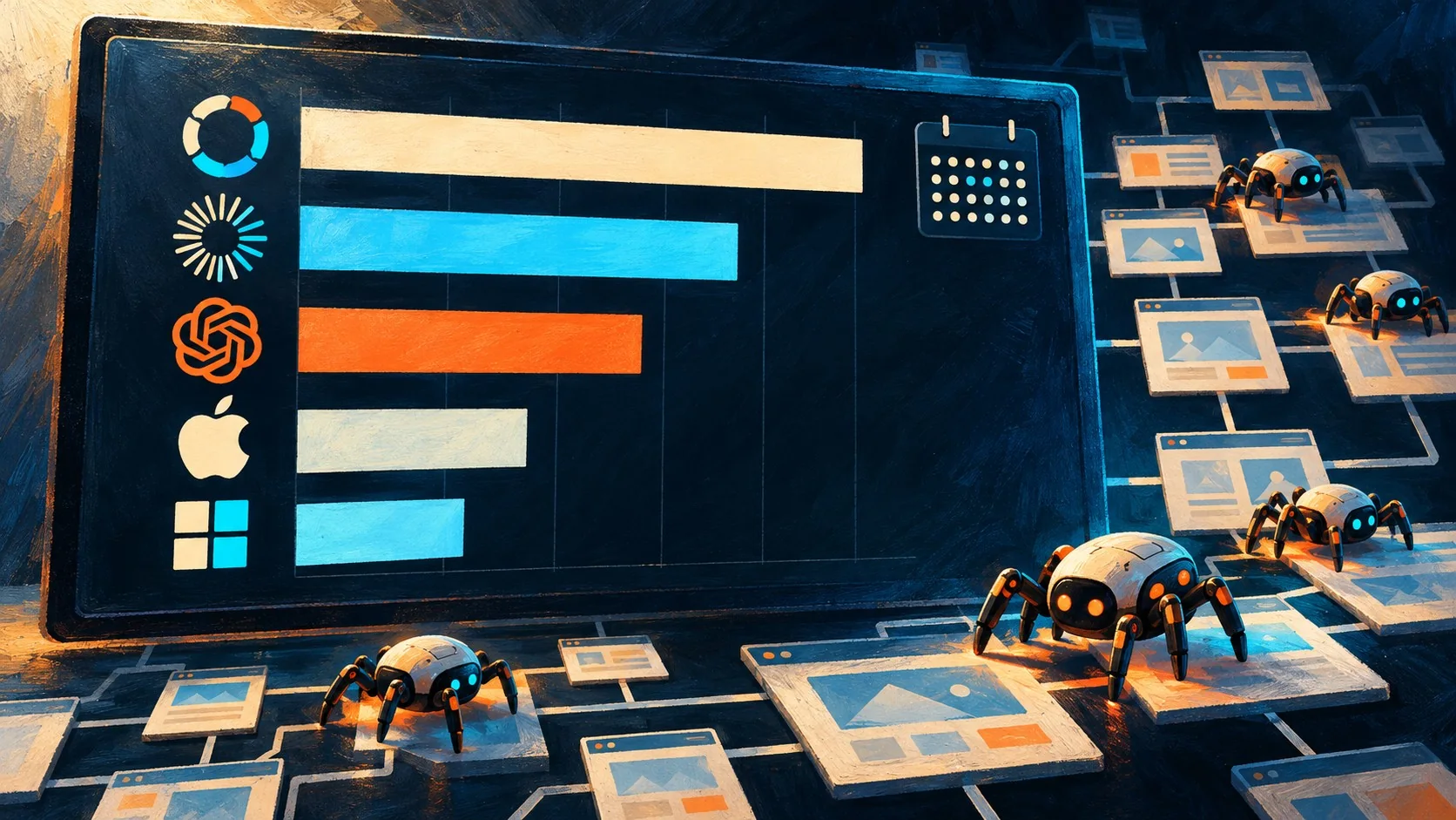 OpenAI rastrea tu web 508 veces: ¿ChatGPT te cita? - A dashboard screen showing a bar chart ranking AI crawler companies (Google, Anthropic, OpenAI, A