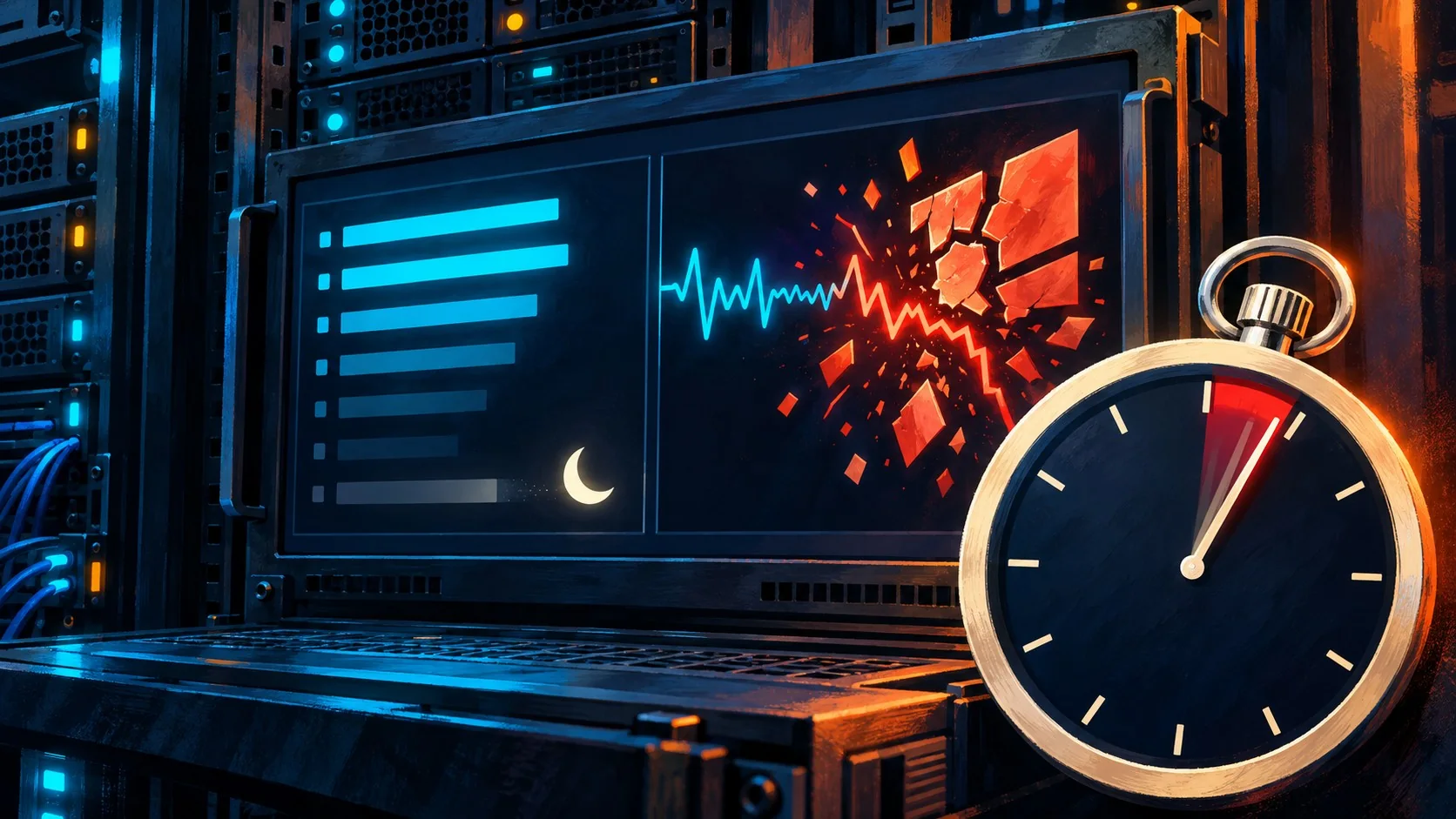 El bug que hace perder requests en llama-server - A server rack terminal showing a log line 'entering sleeping state' next to a crashed process window
