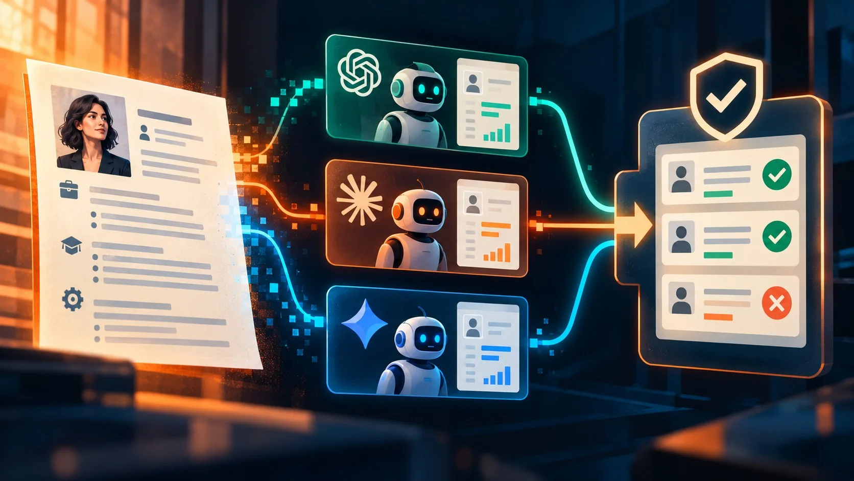 ChatGPT vs Claude vs Gemini: scoring de candidatos auditable - A split-screen diagram showing a resume document being analyzed by three separate AI mo