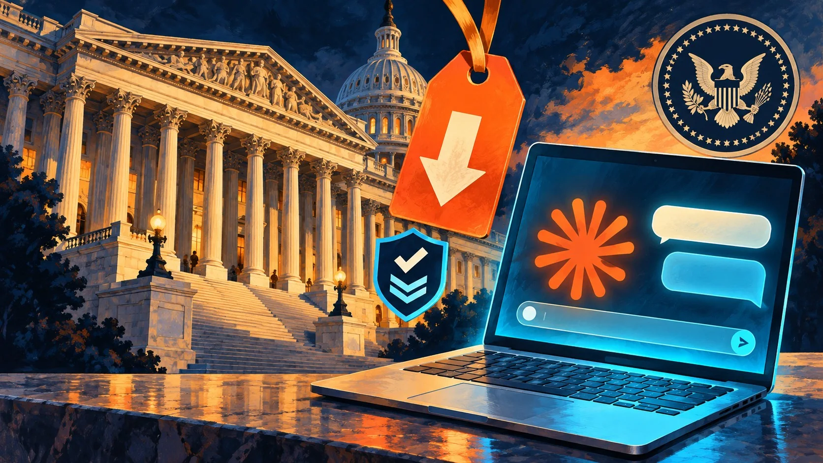 Claude gobierno EEUU: 40% de descuento vía GSA - A government building facade with a large '40%' discount tag overlaid near a glowing Claude AI chat i