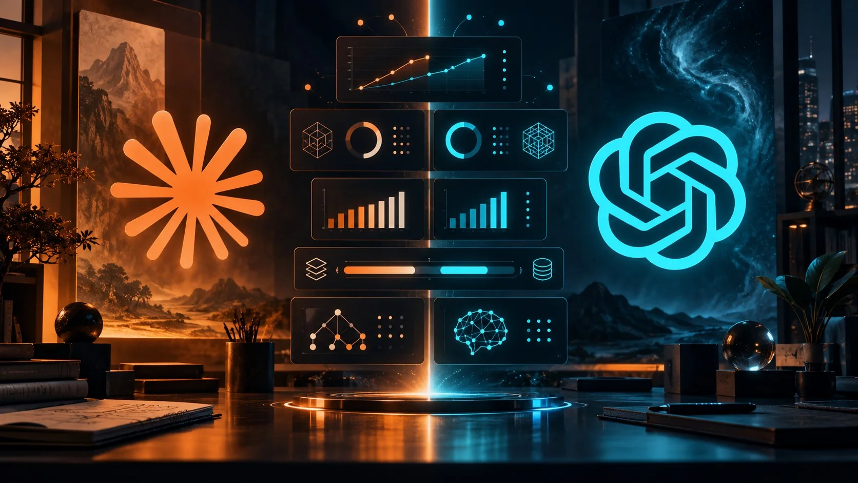 Claude vs ChatGPT 2026: ¿cuál conviene? - Split-screen comparison showing the Claude logo on the left side and the ChatGPT logo on the right side, wit