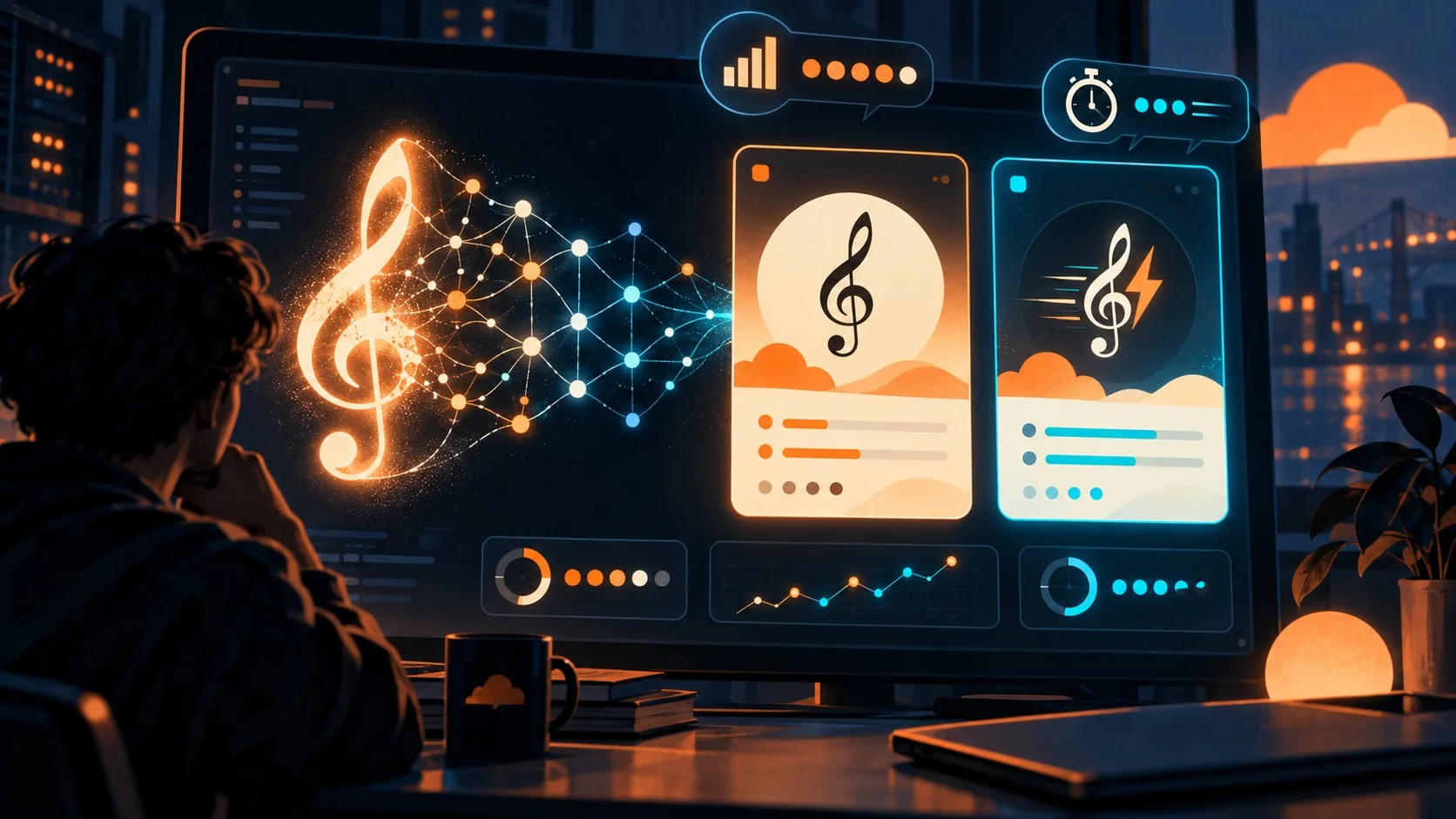 Cloudflare lanza Clef, su modelo de decisión open source - A glowing musical clef symbol transforming into a neural network diagram on a dark terminal