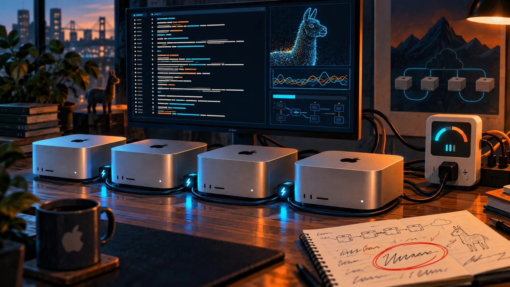 Cluster de Macs para LLM: qué dice la guía y qué no - Four Apple Silicon Mac Studio units on a desk linked by Thunderbolt cables, with a terminal on a