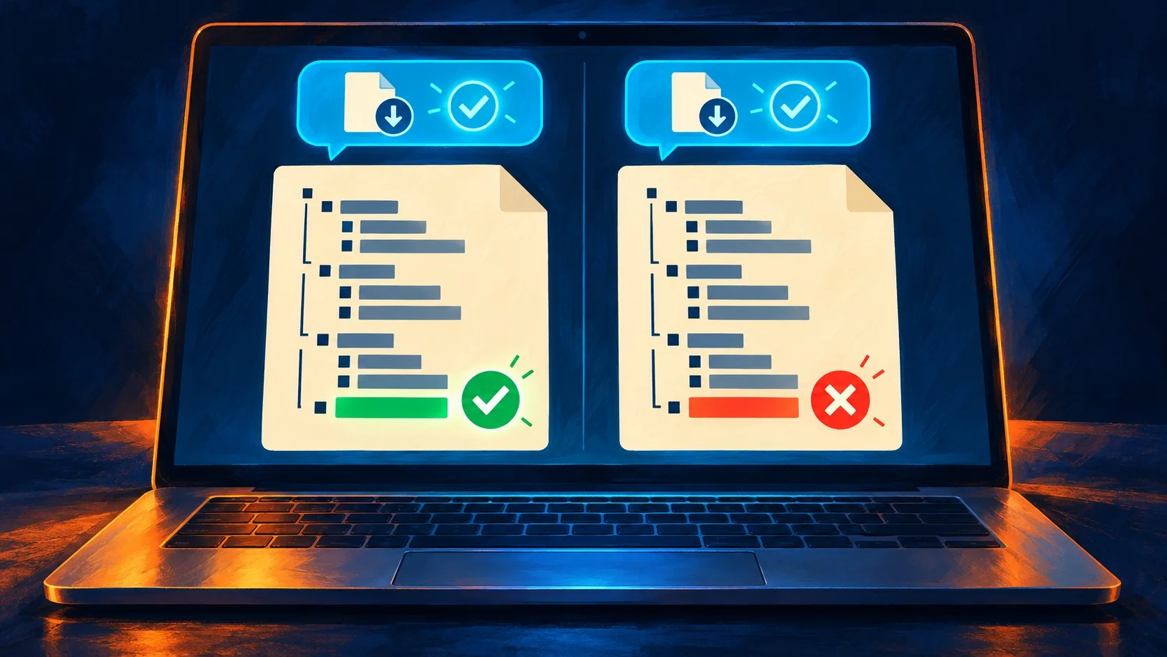 Cómo elegir modelo de IA: éxito primero, costo después - Two downloaded JSON report files side by side on a laptop screen, one showing a total of 360