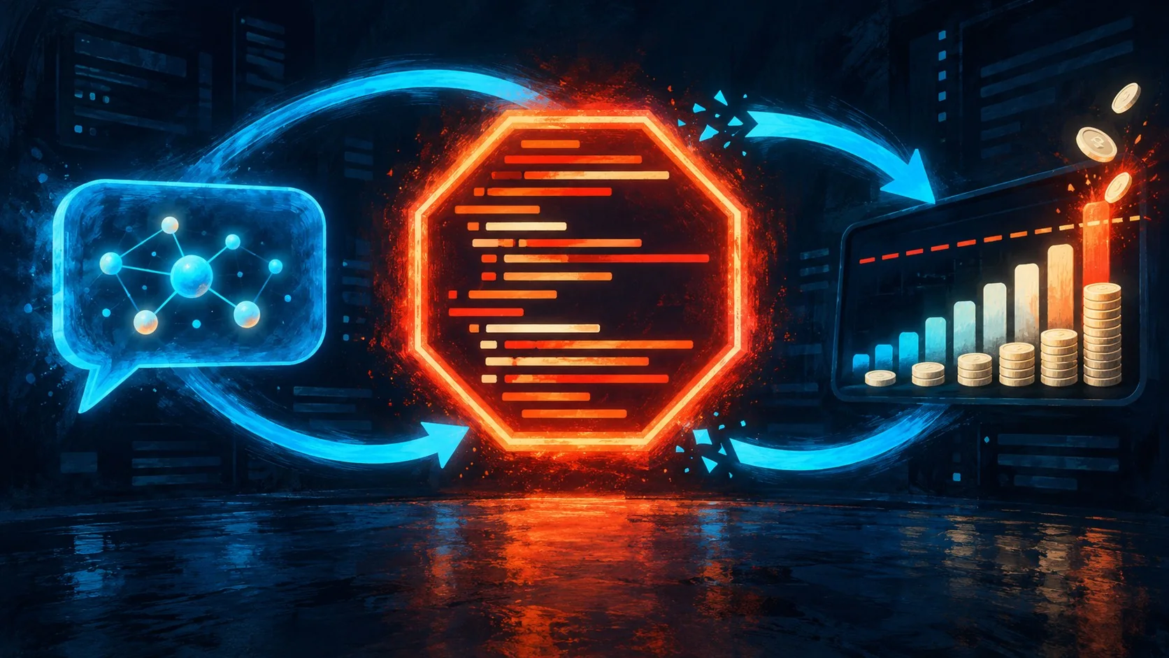 BudgetGuard: el código de 40 líneas que frena agentes IA - A glowing red STOP sign made of Python code lines interrupting a looping arrow between an A