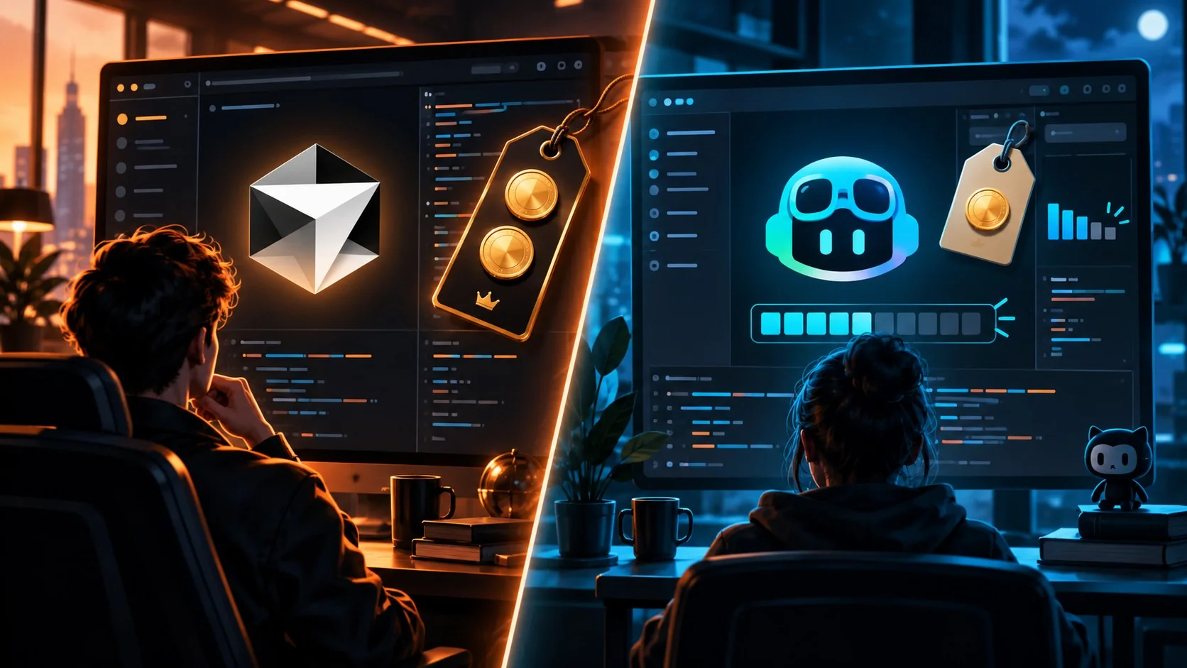 Cursor vs GitHub Copilot 2026: la comparativa completa - Split-screen showing the Cursor editor logo on one side with a USD 20 price tag and the GitHu