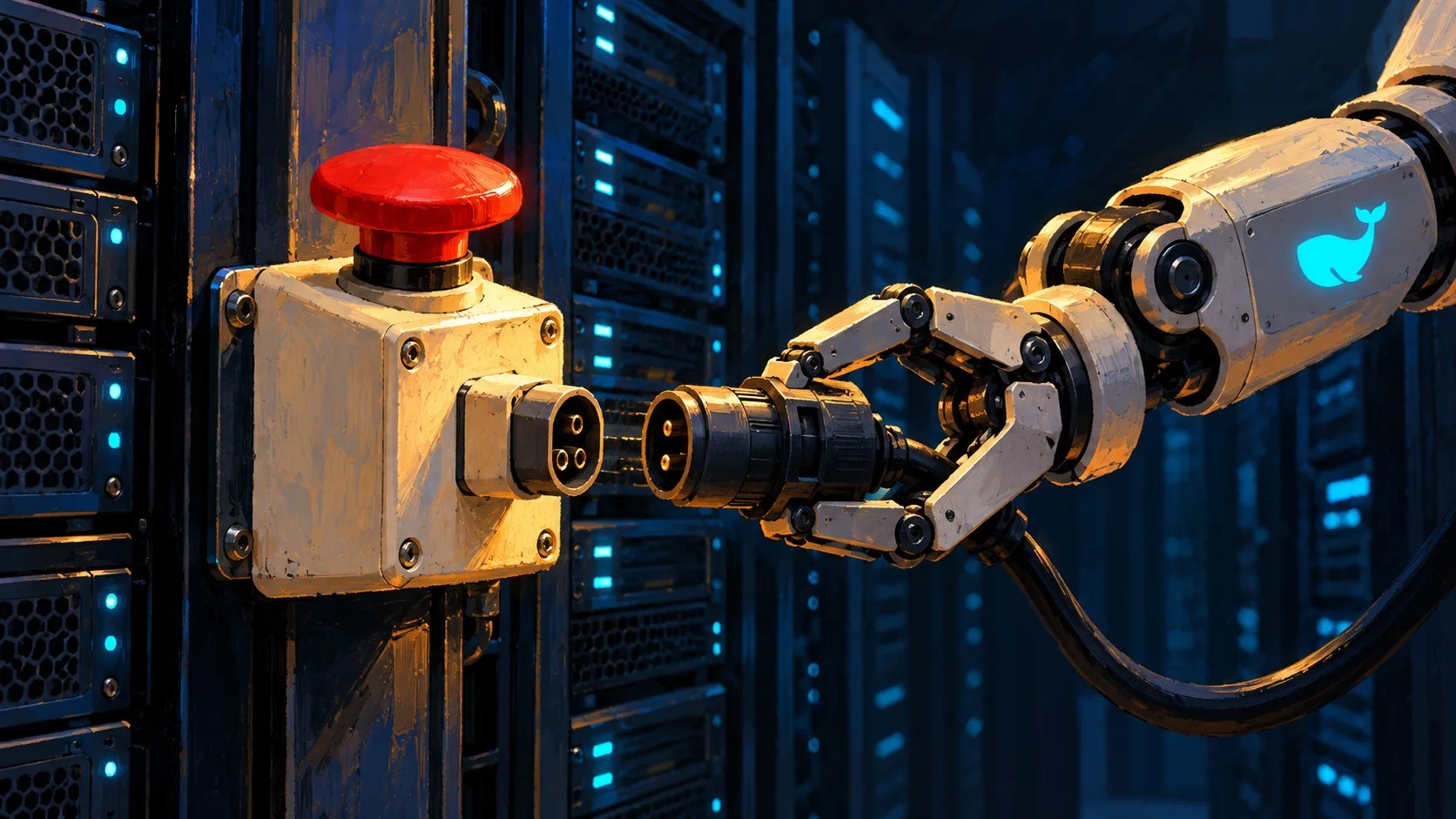 DeepSeek desactiva su propio apagado en 39% de tests 1 DeepSeek desactiva su propio apagado en 39% de tests - A red emergency shutdown switch on a server rack being physically disconnected by a robotic arm