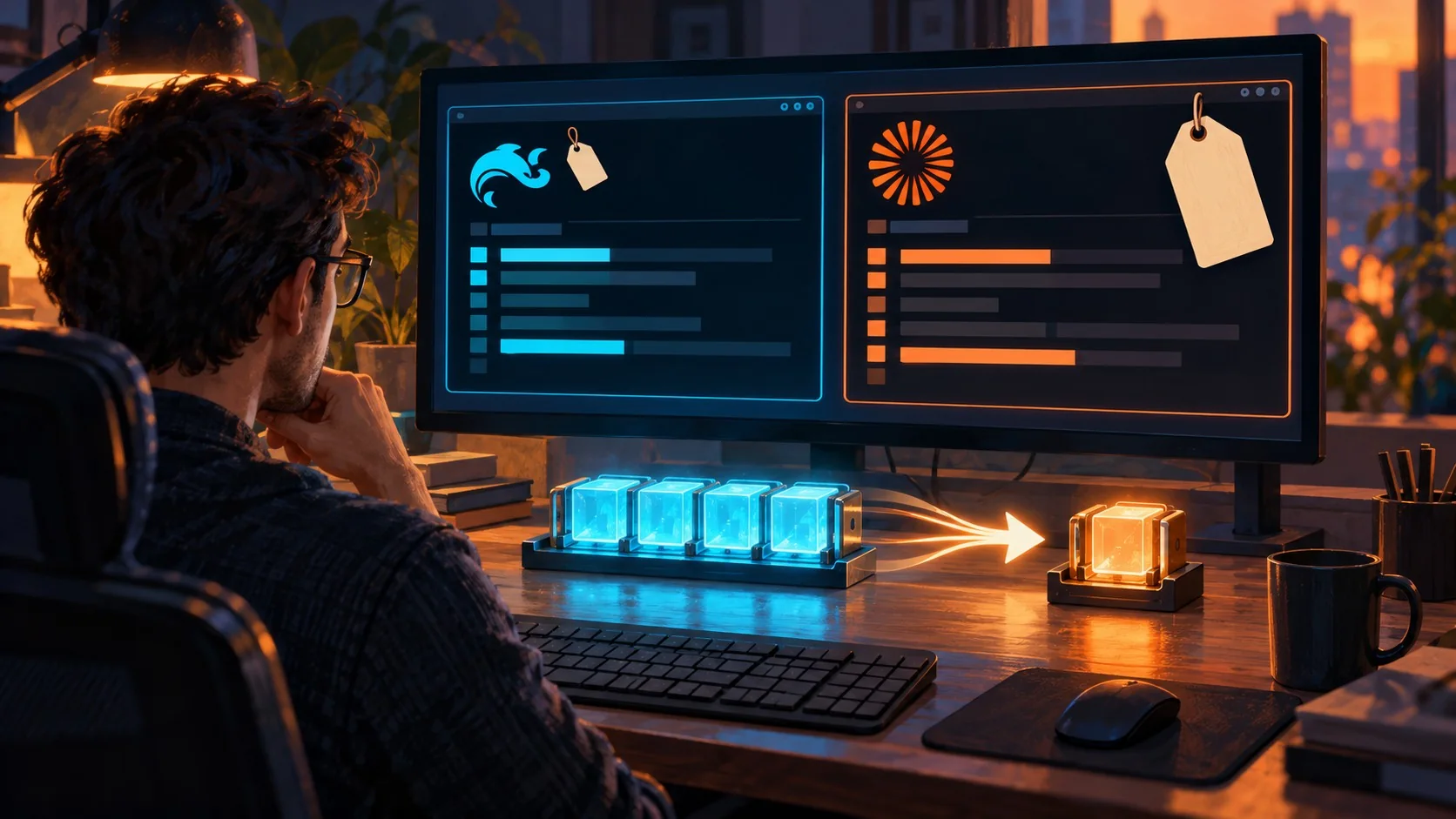 DeepSeek V4.1 Flash: qué es, precio y qué sabemos - A developer at a desk with two terminal windows side by side, one labeled DeepSeek V4.1 Flash with