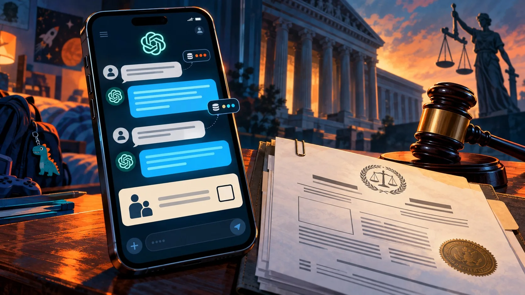 Demanda contra OpenAI: datos de chicos en ChatGPT - A teenager's smartphone showing a ChatGPT chat window with a parental-consent checkbox left empty,