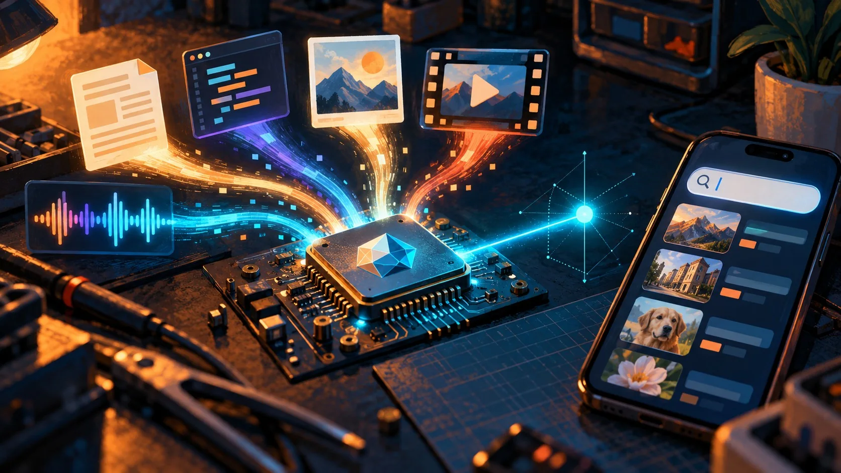 Google lanzó EmbeddingGemma 2: 740M y 5 modalidades - A compact 740M-parameter chip labeled EmbeddingGemma 2 with five converging data streams flowing