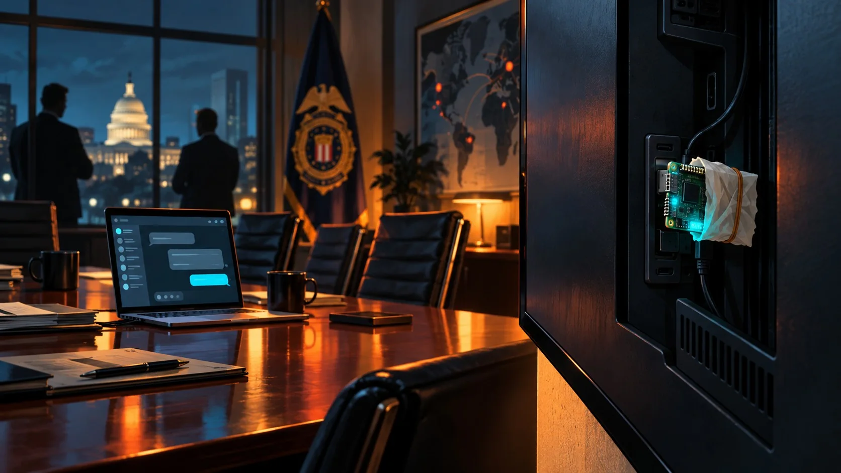 Espionaje en OpenAI: arrestan a un ingeniero - A thumb-sized development board wrapped in toilet paper plugged into the USB port behind a flat-screen