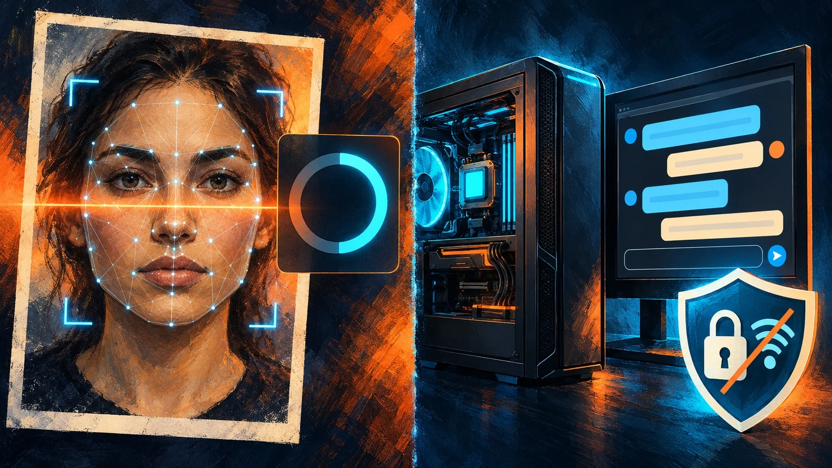 FaceCheckID vs FreedomGPT: ¿cuál elegir en 2026? - Split-screen comparison: left side shows a face photo being scanned with facial landmark points and
