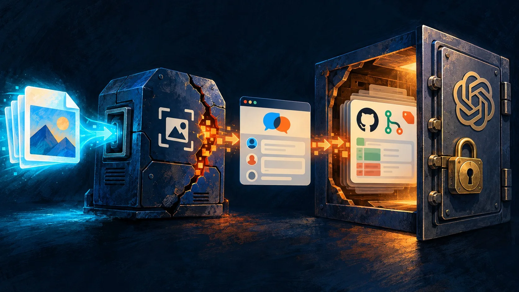 Falla libheif OpenAI: una imagen HEIC llegó al repo - A glowing HEIC photo file icon being fed into a cracked image-decoder machine labeled libheif, w