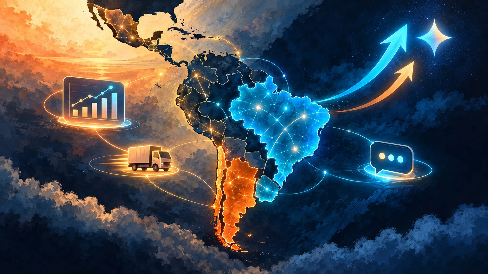Gemini Enterprise: cómo lo usan las pymes de LatAm en 2026 - A split map of Latin America highlighting Argentina, Chile, Brazil and Uruguay with small