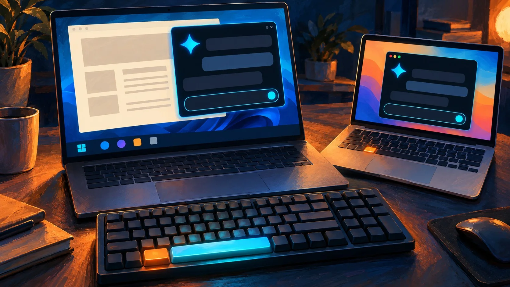 Gemini para Windows: cómo bajarla y qué necesitás - A Windows laptop desktop with a Gemini chat window popping up over a open document, a keyboard in
