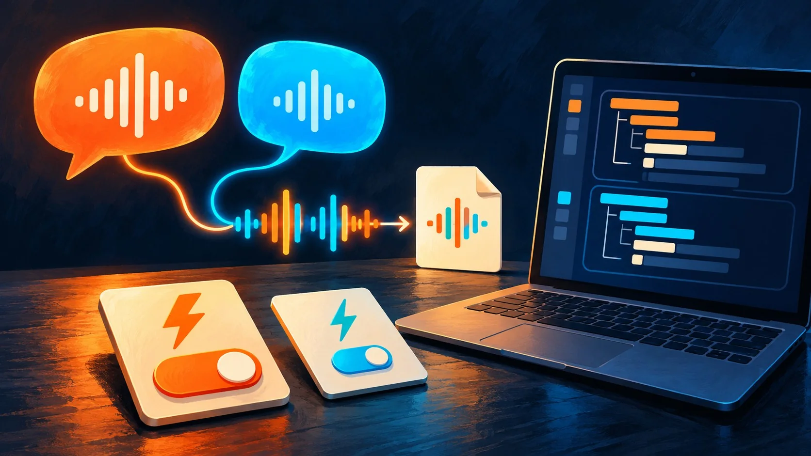 Gemini TTS 3.8: Flash, Flash-Lite y diálogo de dos voces - Two cartoon speech bubbles labeled Joe and Jane connected by a waveform to a WAV file icon,