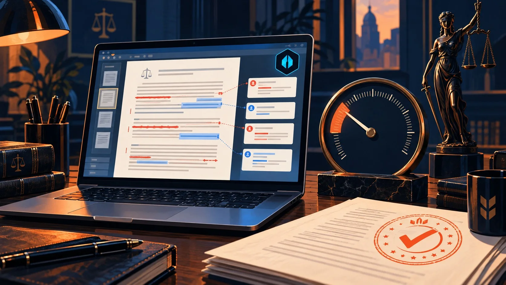 GLM-Legal Z.ai: 19,2% en Harvey LAB, qué hay de cierto 1 GLM-Legal Z.ai: 19,2% en Harvey LAB, qué hay de cierto - A lawyer's desk with a laptop showing a Word contract with tracked changes, next to a gauge l