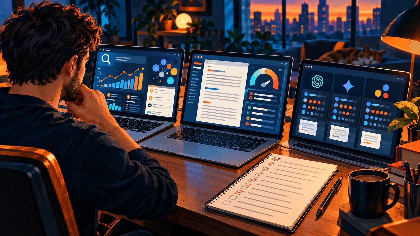 Herramientas de SEO con IA 2026: cuál te conviene - A freelancer at a desk comparing three laptop screens: one showing a keyword research dashboard, o