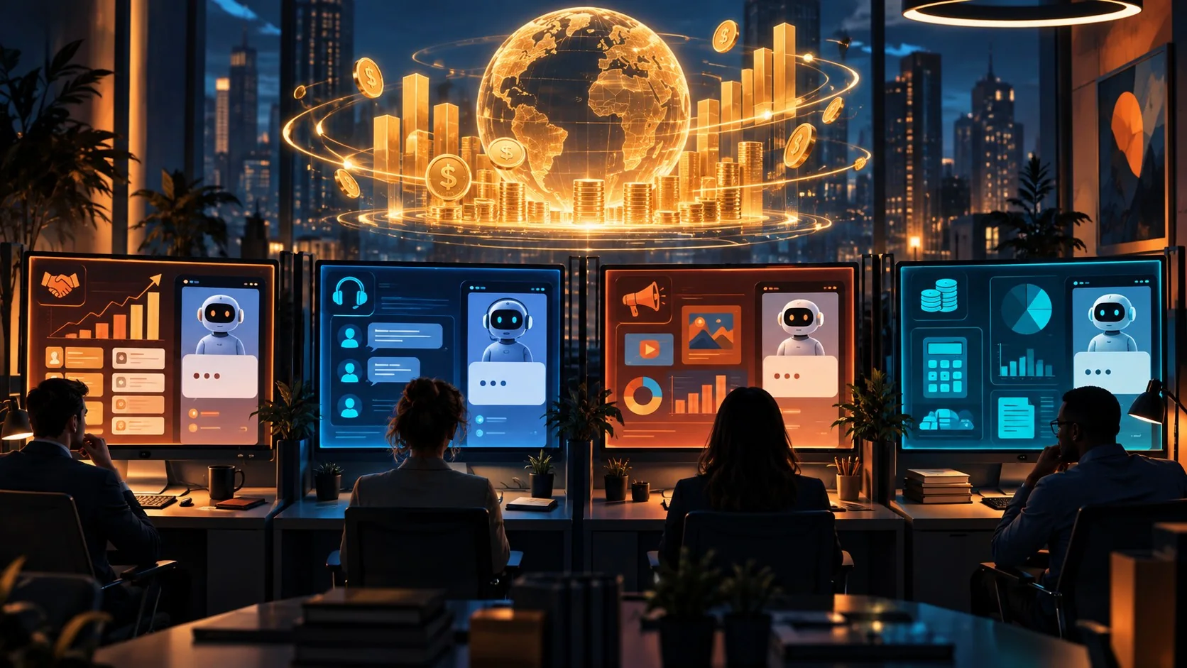 IA agéntica empresarial: la inversión no alcanza en 2026 - A corporate office with four separate department screens (sales, support, marketing, financ